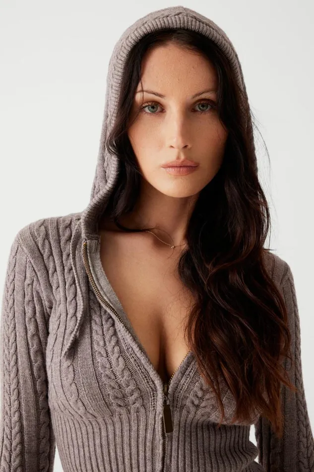 Frankies Bikinis Cloud Knits Women Aimee Cable Cloud Knit Hoodie Dark Pearl