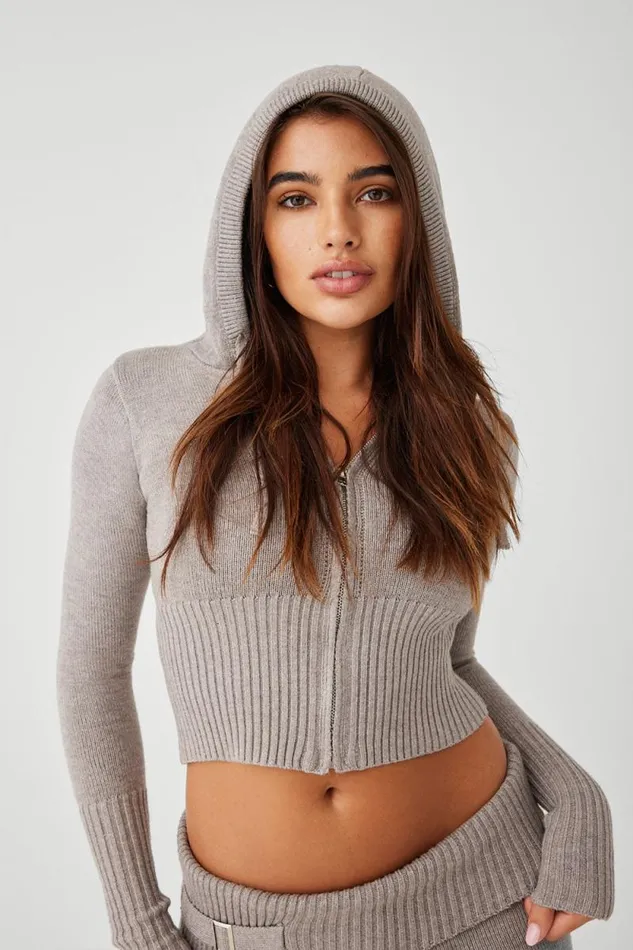Frankies Bikinis Cloud Knits Women Aimee Cloud Knit Zip Up Hoodie Heather Grey
