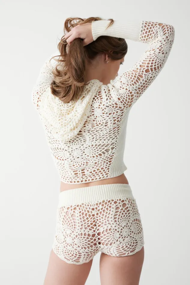 Frankies Bikinis Matching Sets Women Lyla Crochet Zip Up Hoodie White