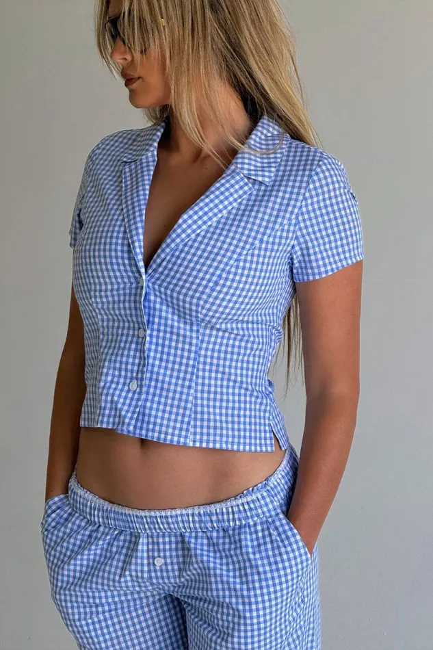 Frankies Bikinis Matching Sets Women Raleigh Cotton Button Up Shirt Cloud Gingham