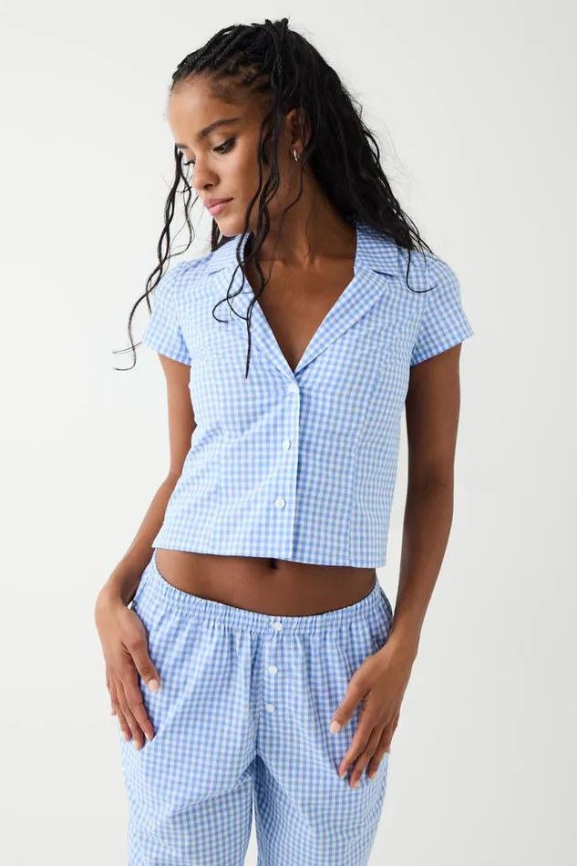 Frankies Bikinis Matching Sets Women Raleigh Cotton Button Up Shirt Cloud Gingham