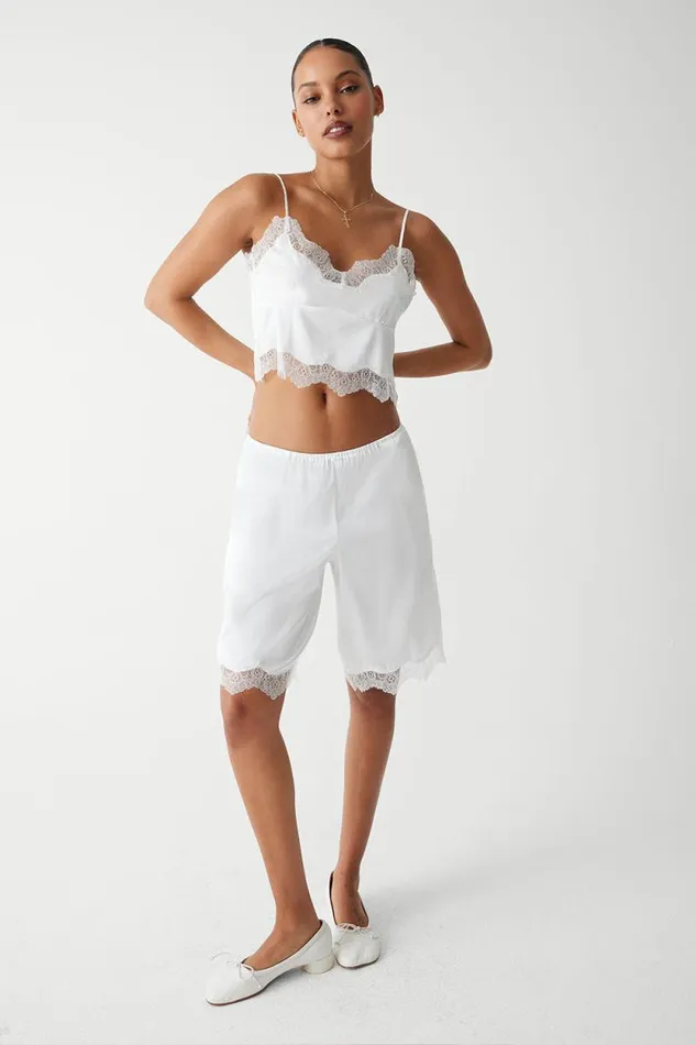 Frankies Bikinis Matching Sets Women Snuggle Satin Capri Short White