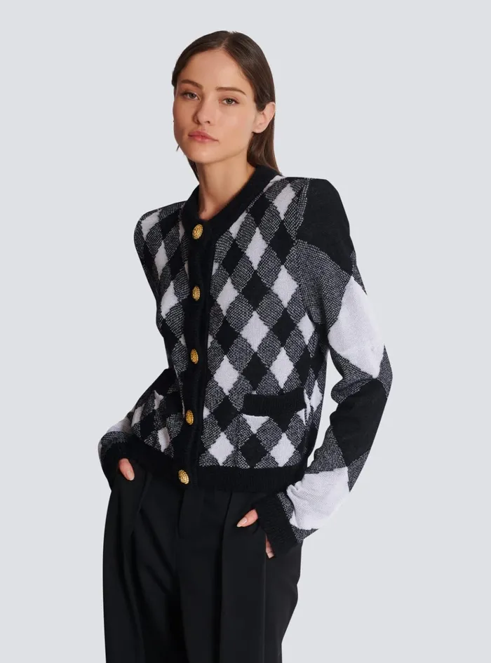 Gingham Knit Cardigan Black Women Balmain Knitwear