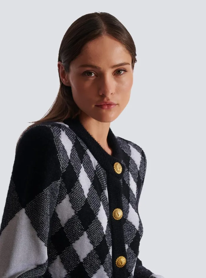 Gingham Knit Cardigan Black Women Balmain Knitwear