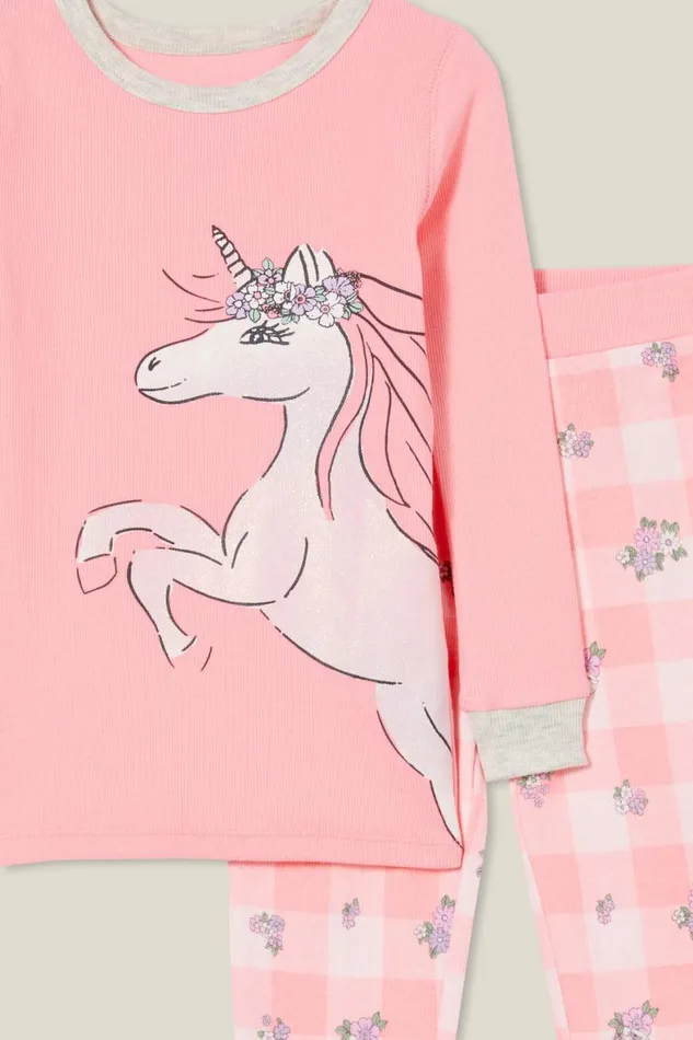Girls 214Boys 214 Sleepwear Cotton On Mila Long Sleeve Pyjama Set Coral Dreamsava Unicorn Ditsy Gingham
