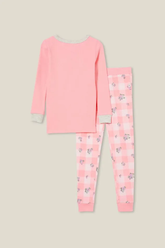Girls 214Boys 214 Sleepwear Cotton On Mila Long Sleeve Pyjama Set Coral Dreamsava Unicorn Ditsy Gingham