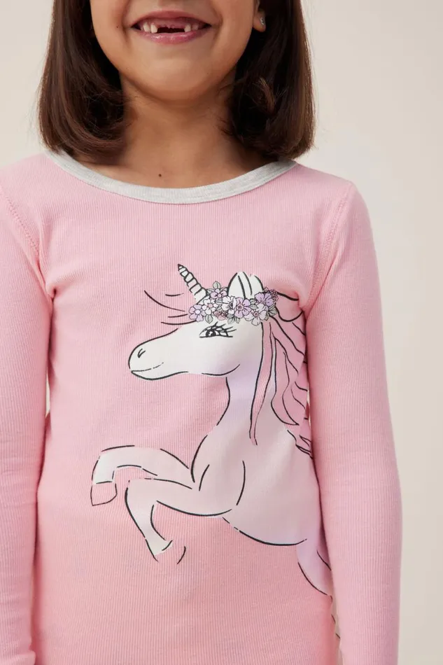 Girls 214Boys 214 Sleepwear Cotton On Mila Long Sleeve Pyjama Set Coral Dreamsava Unicorn Ditsy Gingham