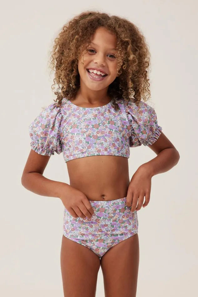 Girls 214 Swimwear Cotton On Paige Puff Sleeve Bikini Vanillablaire Ditsy Clay Pigeon