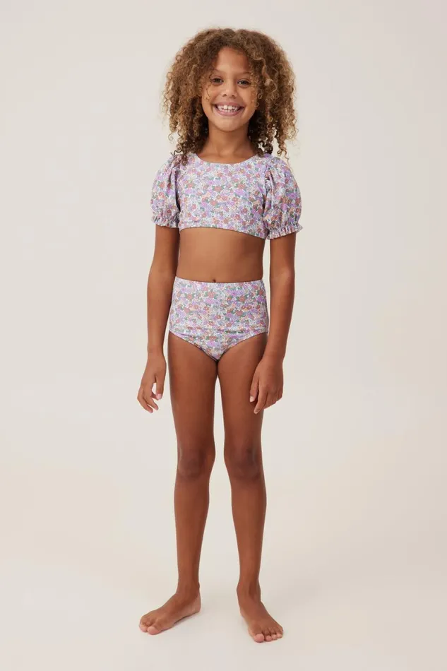 Girls 214 Swimwear Cotton On Paige Puff Sleeve Bikini Vanillablaire Ditsy Clay Pigeon