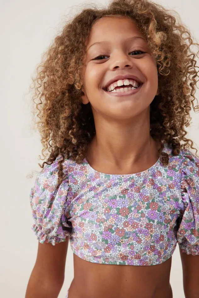 Girls 214 Swimwear Cotton On Paige Puff Sleeve Bikini Vanillablaire Ditsy Clay Pigeon
