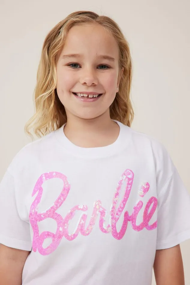 Girls 214 Tops and TShirts Cotton On License Drop Shoulder Short Sleeve Tee Lcn Mat Barbiewhite
