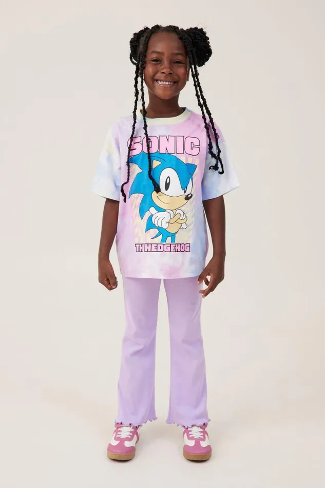 Girls 214 Tops and TShirts Cotton On License Drop Shoulder Short Sleeve Tee Lcn Seg Sonic The Hedgehogtie Dye