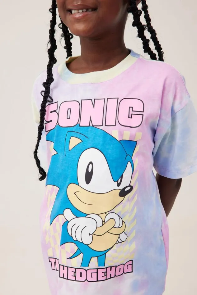 Girls 214 Tops and TShirts Cotton On License Drop Shoulder Short Sleeve Tee Lcn Seg Sonic The Hedgehogtie Dye