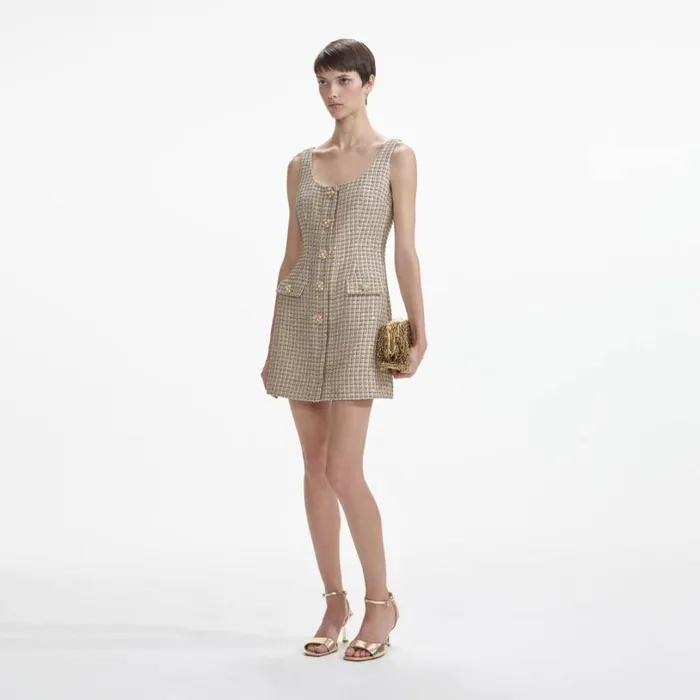 Gold Boucle Mini Dress Women Self Portrait Dresses Gold Boucle Mini Dress Women Self Portrait Dresses