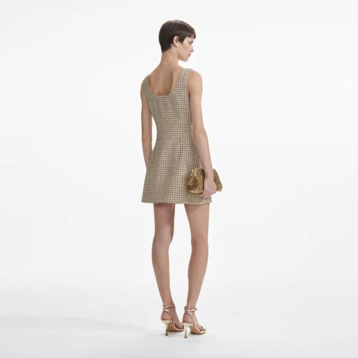 Gold Boucle Mini Dress Women Self Portrait Dresses Gold Boucle Mini Dress Women Self Portrait Dresses