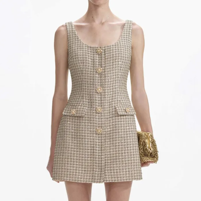 Gold Boucle Mini Dress Women Self Portrait Dresses Gold Boucle Mini Dress Women Self Portrait Dresses