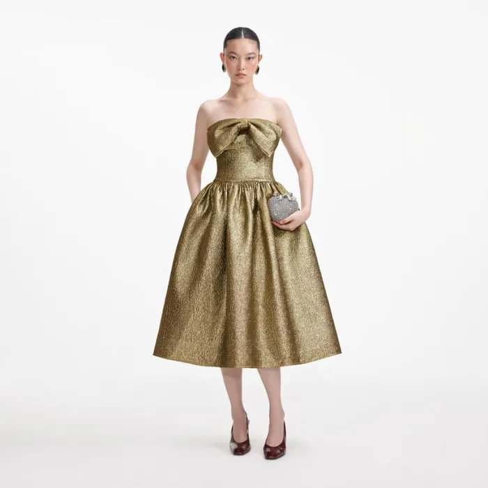 Gold Metallic Jacquard Midi Dress Women Self Portrait Dresses