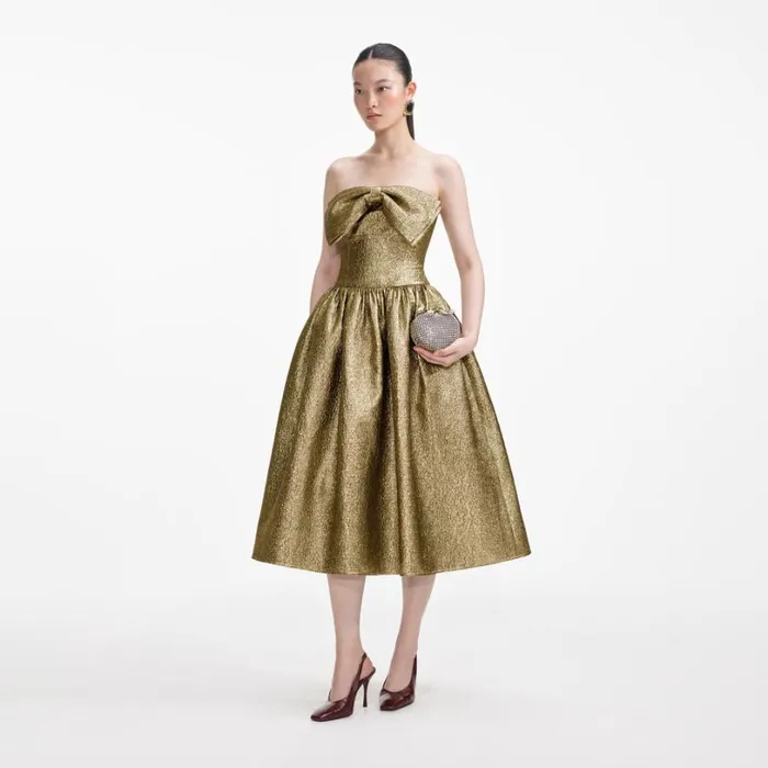 Gold Metallic Jacquard Midi Dress Women Self Portrait Dresses