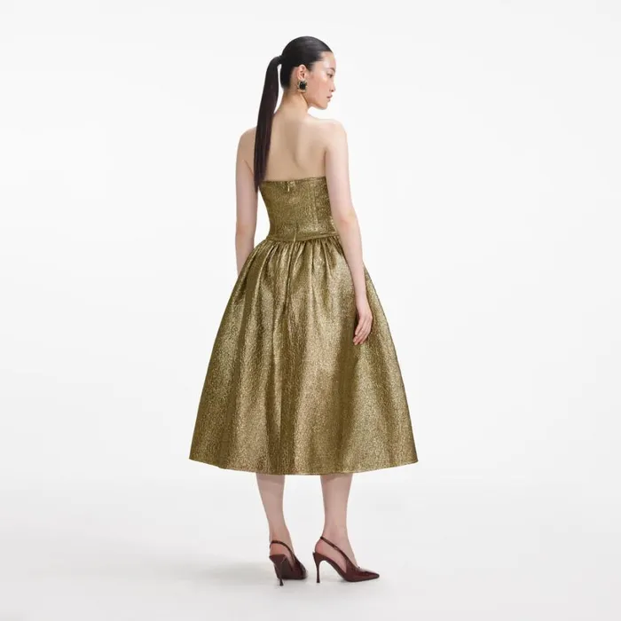 Gold Metallic Jacquard Midi Dress Women Self Portrait Dresses