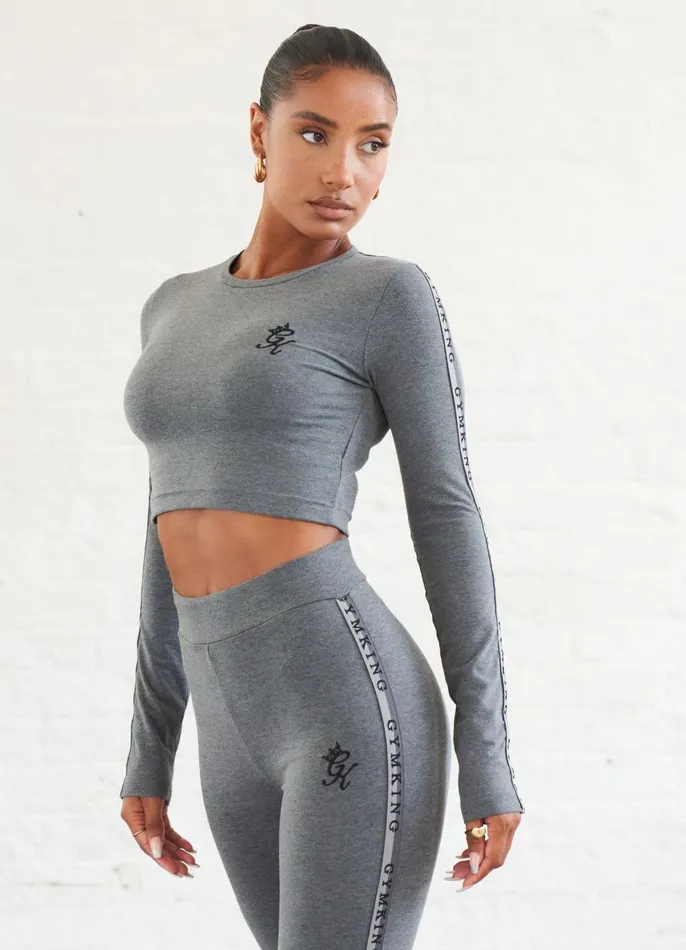 Gym King Tops and TShirts Women Results Tape Longsleeve Crop 8211 Mid Grey Marl
