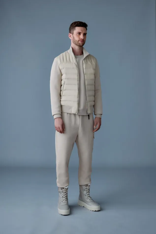 Hoodies and Tops Men Mackage COLLINR Nano Down Mixed Media Bomber Jacket Cream Hoodies and Tops Men Mackage COLLINR Nano Down Mixed Media Bomber Jacket Cream
