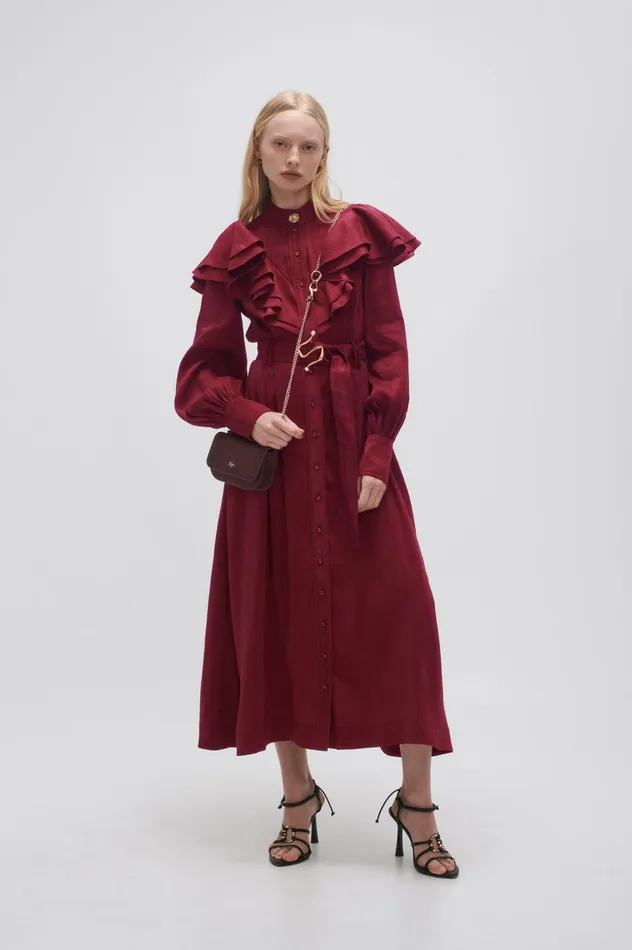 Isabella Belted Midi Dress Mahogany Red Women Aje Midi Dresses