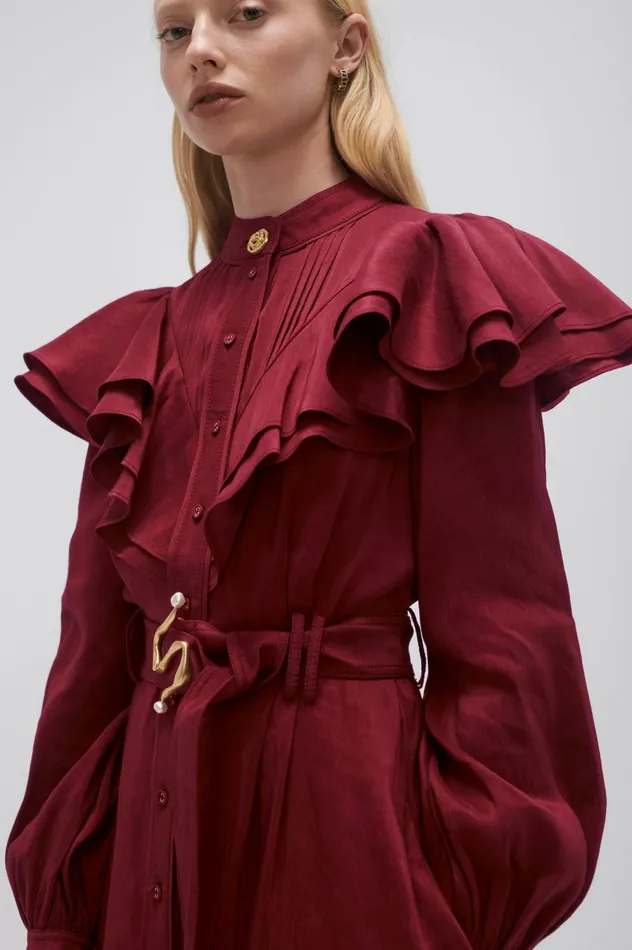 Isabella Belted Midi Dress Mahogany Red Women Aje Midi Dresses