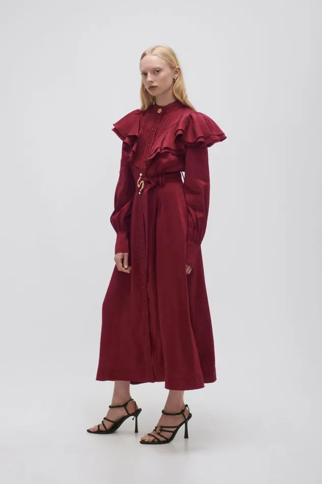 Isabella Belted Midi Dress Mahogany Red Women Aje Midi Dresses
