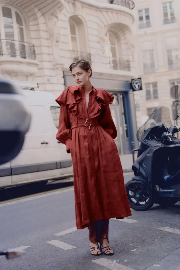 Isabella Belted Midi Dress Mahogany Red Women Aje Midi Dresses