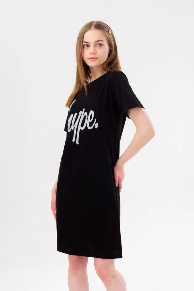 Just Hype Dresses Hype Girls Black Glitter Script Tee Dress