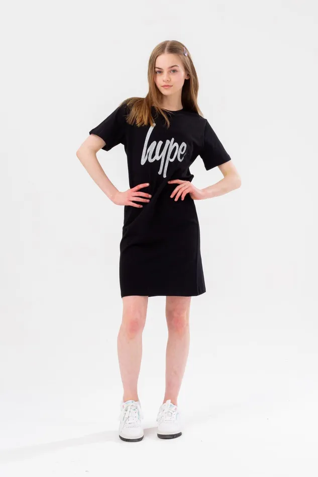Just Hype Dresses Hype Girls Black Glitter Script Tee Dress
