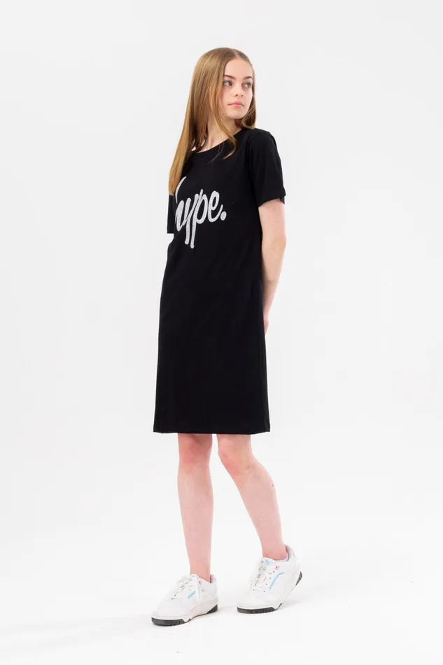 Just Hype Dresses Hype Girls Black Glitter Script Tee Dress