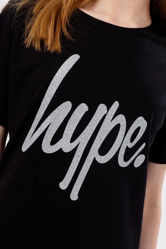 Just Hype Dresses Hype Girls Black Glitter Script Tee Dress
