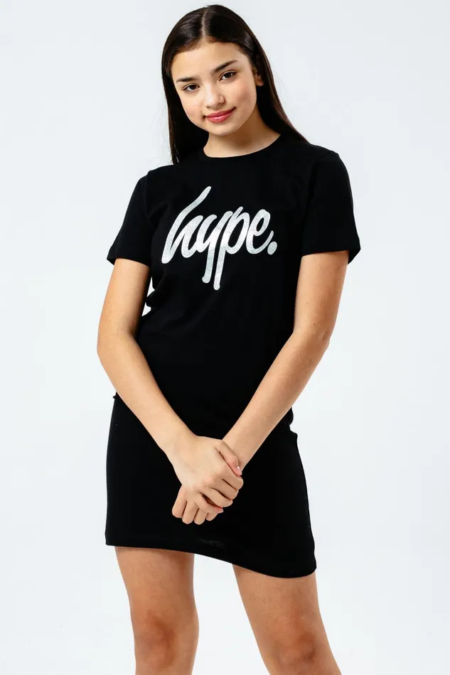 Just Hype Dresses Hype Girls Black Glitter Script Tee Dress