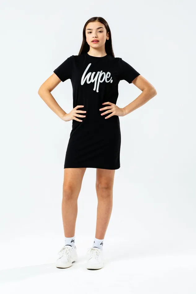 Just Hype Dresses Hype Girls Black Glitter Script Tee Dress