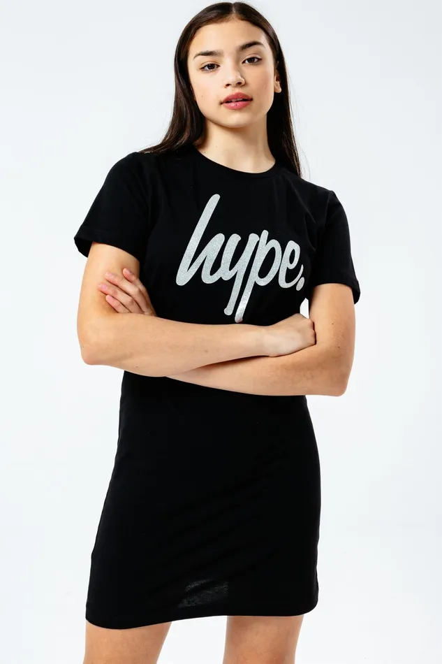 Just Hype Dresses Hype Girls Black Glitter Script Tee Dress