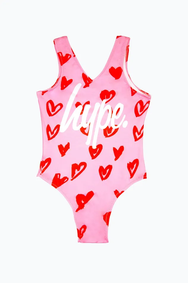 Just Hype Swimwear and Shorts Hype Girls Multi Scribble Hearts Pink Swimsuit