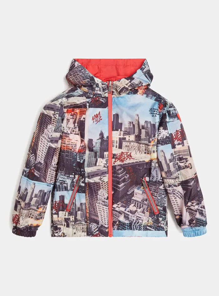 Kids Big Boy GUESS Red City Scene Reversible Jacket 716 Kids Big Boy GUESS Red City Scene Reversible Jacket 716