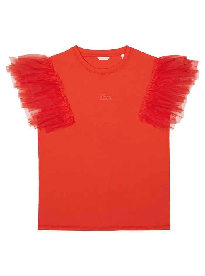 Kids Big Girl GUESS Fire Red Mesh Frill Tshirt 716