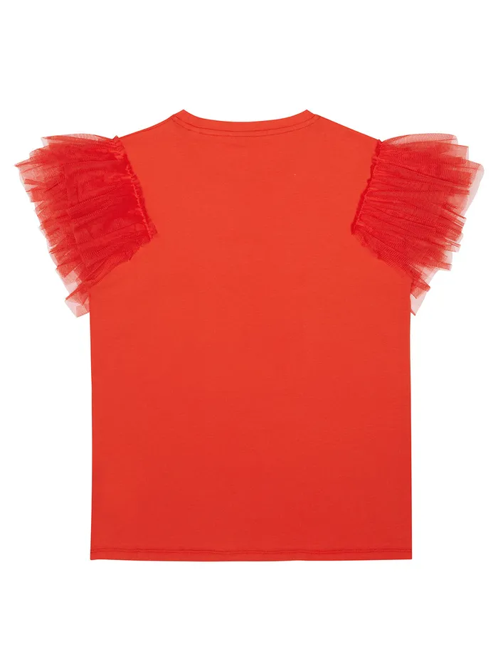 Kids Big Girl GUESS Fire Red Mesh Frill Tshirt 716 Kids Big Girl GUESS Fire Red Mesh Frill Tshirt 716