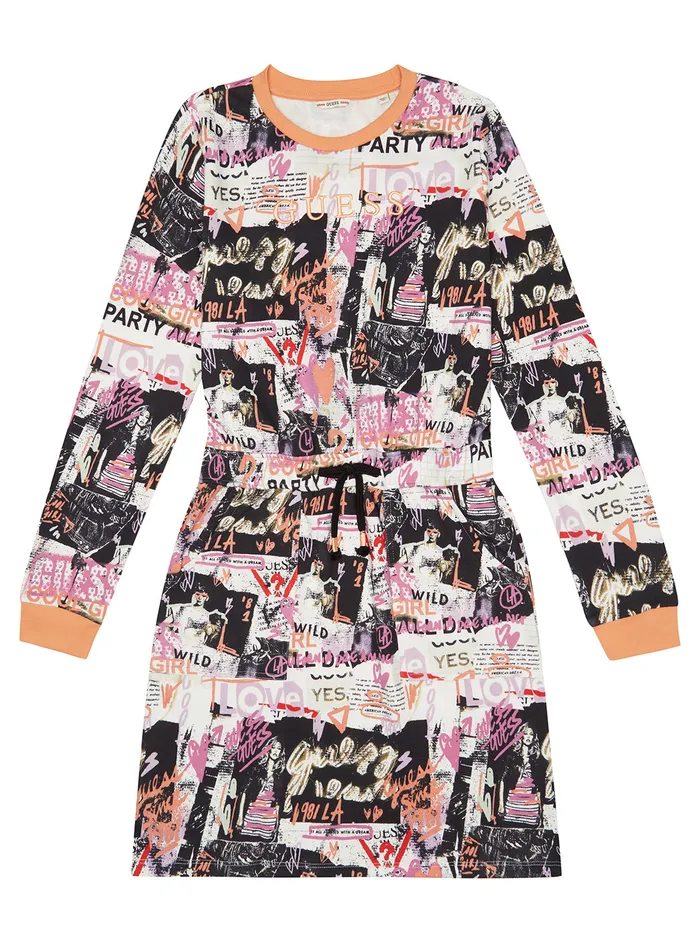 Kids Big Girl GUESS Newspaper Print French Terry Dress 716
