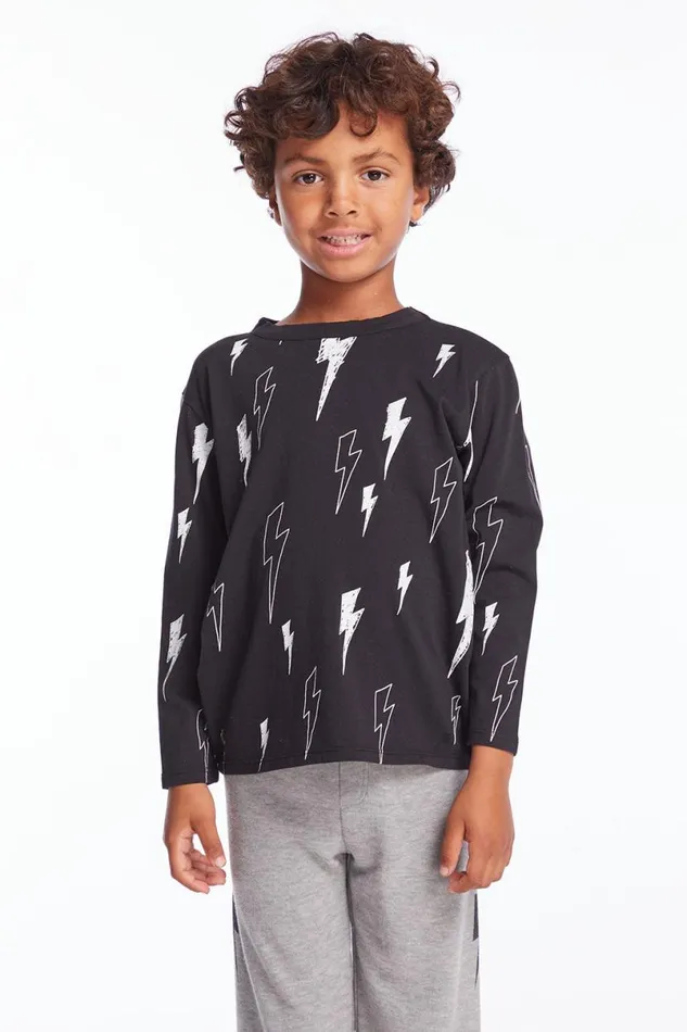 Kids Boys Chaser Brand Allover Bolts Boys Long Sleeve Crew Neck Tee