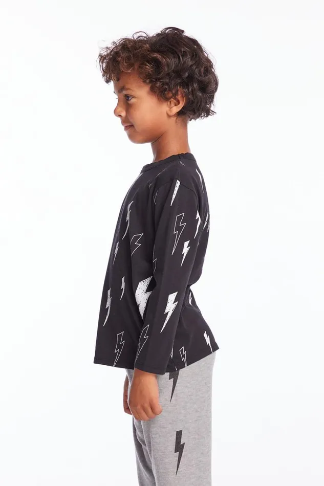 Kids Boys Chaser Brand Allover Bolts Boys Long Sleeve Crew Neck Tee