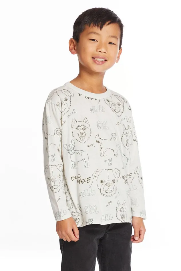 Kids Boys Chaser Brand Dog Sketchpad Boys Charity Long Sleeve Crew Neck Tee