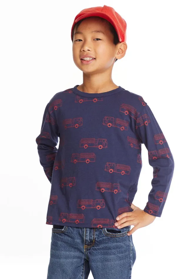 Kids Boys Chaser Brand Fire Trucks Boys Long Sleeve Crew Neck Tee