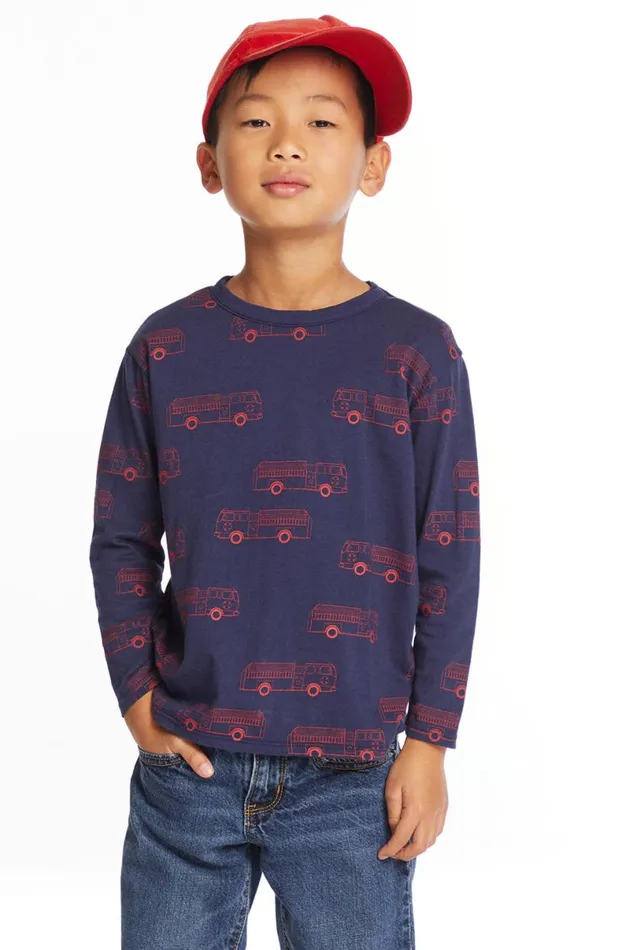 Kids Boys Chaser Brand Fire Trucks Boys Long Sleeve Crew Neck Tee