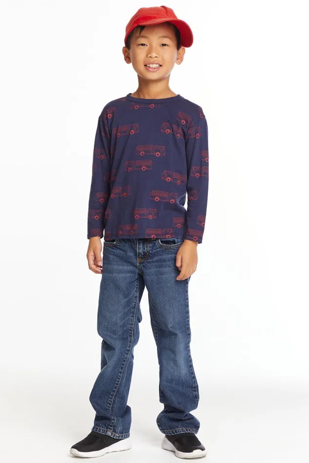 Kids Boys Chaser Brand Fire Trucks Boys Long Sleeve Crew Neck Tee