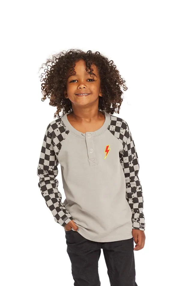Kids Boys Chaser Brand Long Sleeve Splatter Checker Raglan Button Up Henley