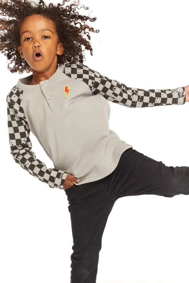 Kids Boys Chaser Brand Long Sleeve Splatter Checker Raglan Button Up Henley