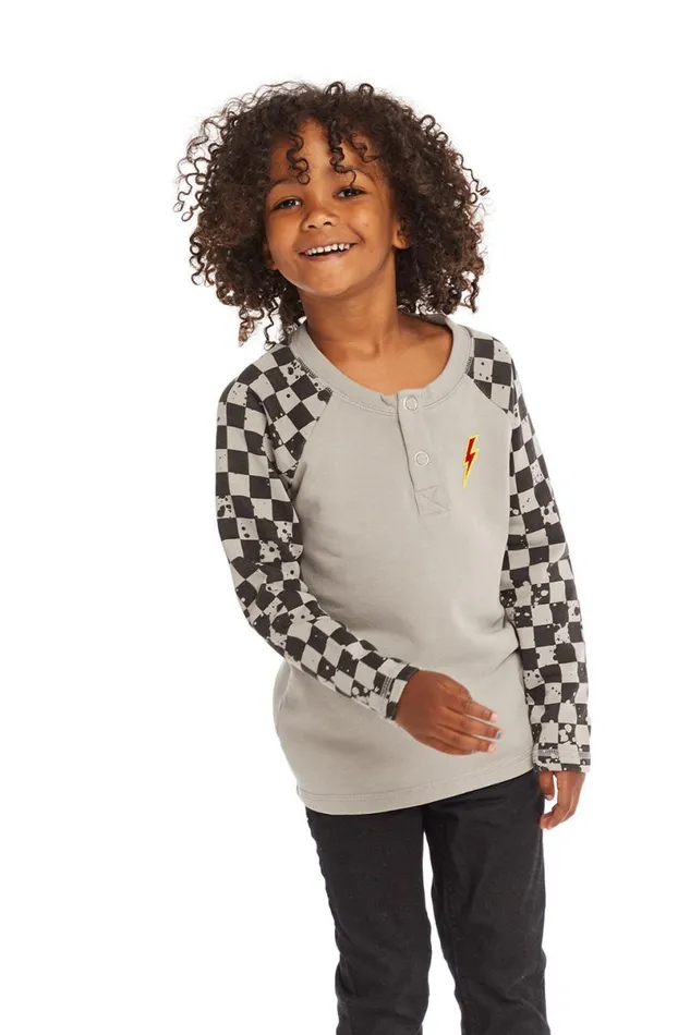 Kids Boys Chaser Brand Long Sleeve Splatter Checker Raglan Button Up Henley